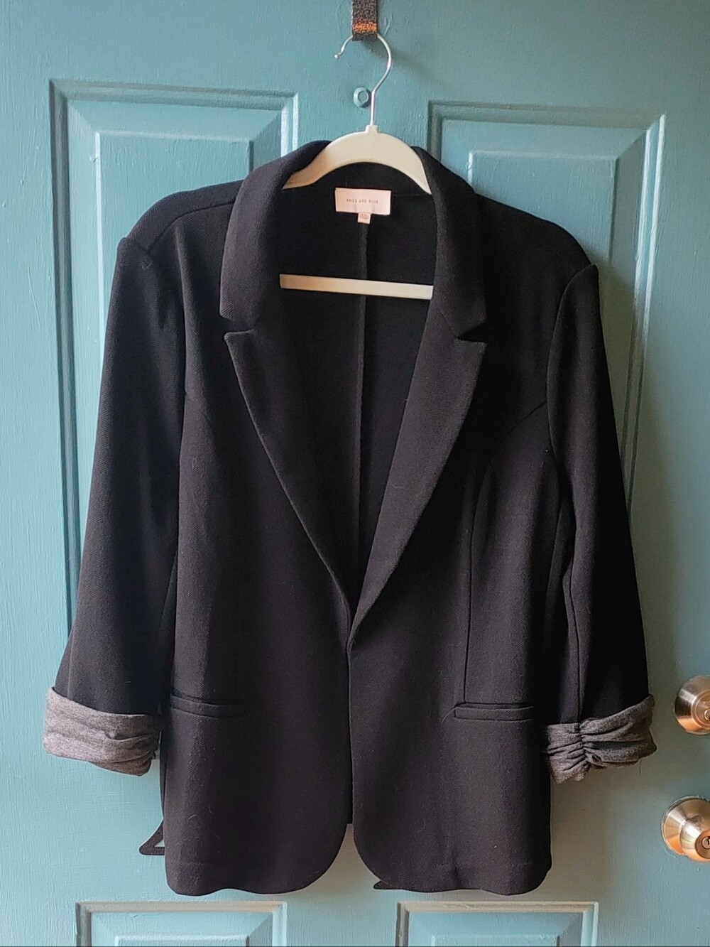 Skies Are Blue Black Blazer with Gray Roll-Tab Ruched Cuffs